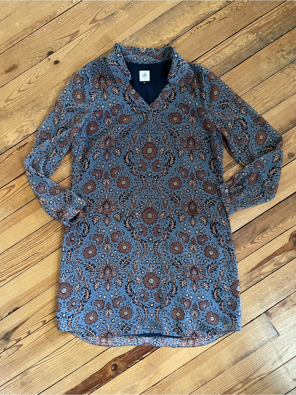 CAbi Blue and Brown Floral-Print Long Sleeve Dress